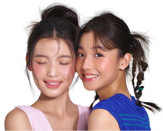 Two smiling young women posing cheek to cheek, About Out of Colours